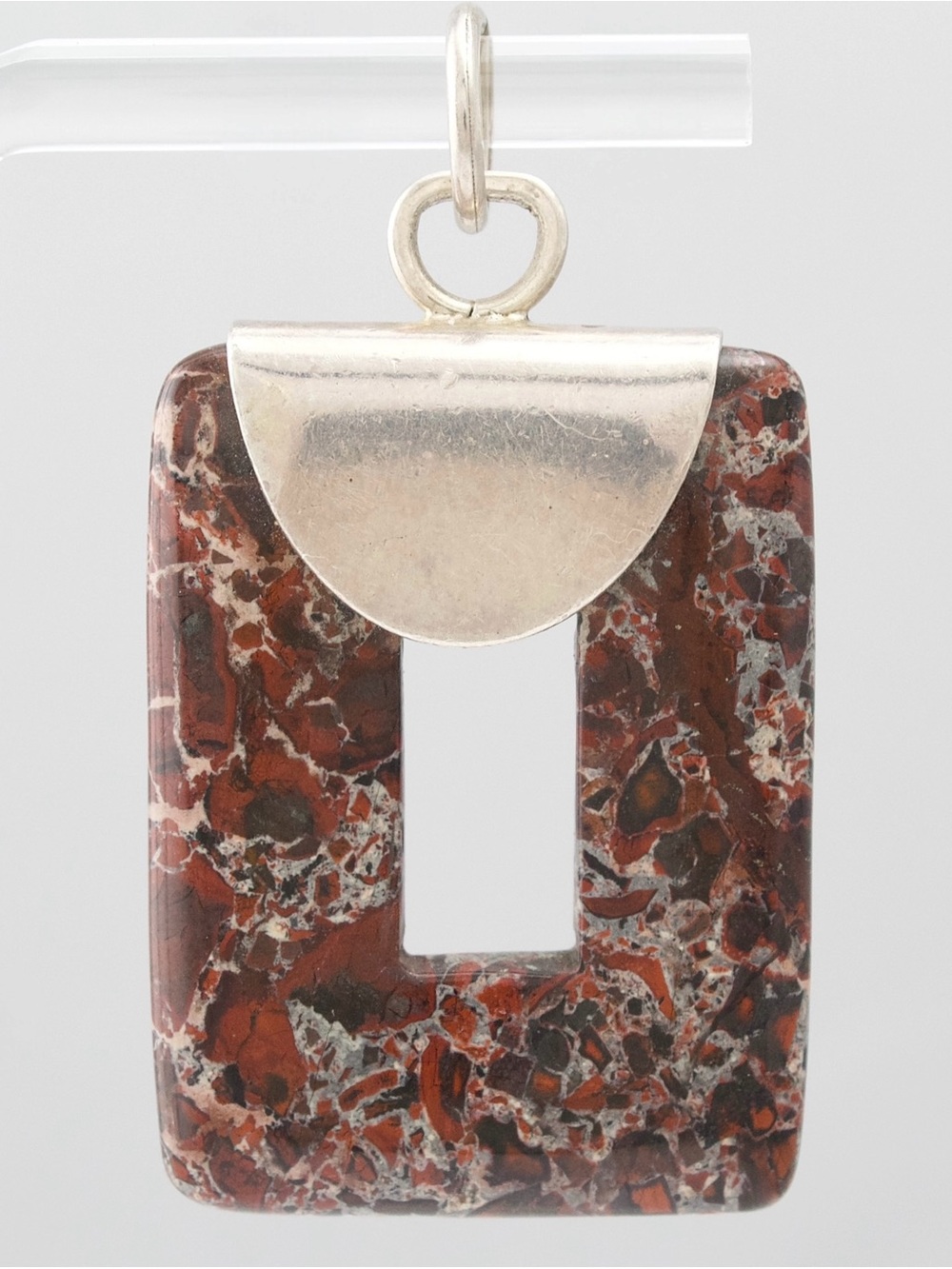 Vintage Sterling Silver Brecciated Jasper Pendant Large Modernist Rectangle